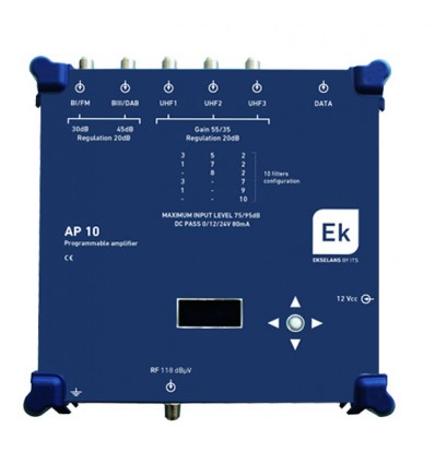 AP 10 Central programable 10 filtros UHF 5 entradas. Nivel de salida 120 dBuV (BI-FM/BIII-DAB)/118 dBuV (UHF) Autolevelling. LTE
